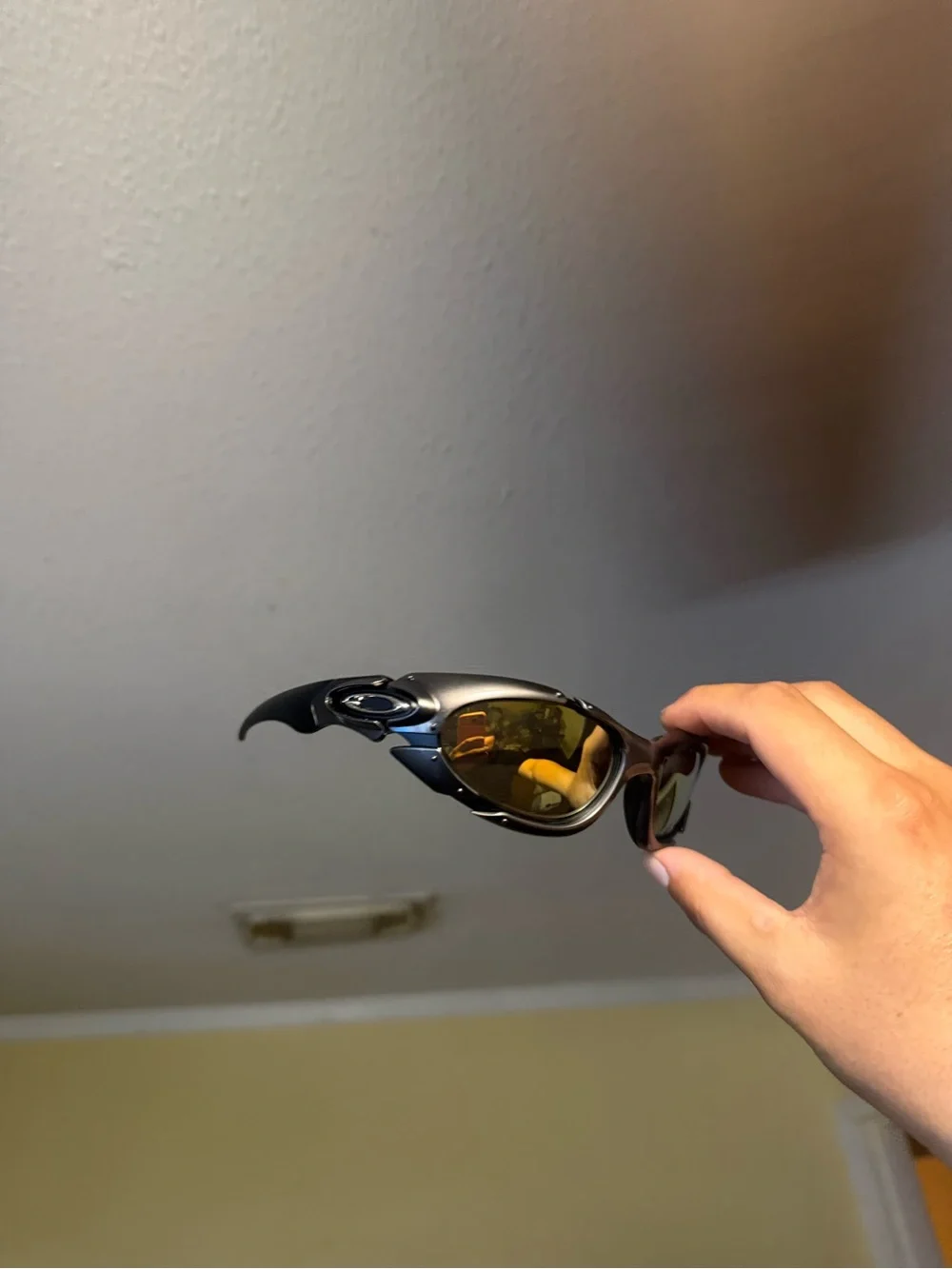 Oakley Style Men's Wrap Sunglasses - Metallic Gray Frame with Amber Lenses